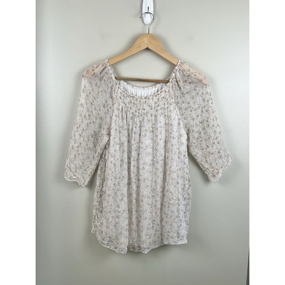 Women's‎ Silk Cream Floral Top Womens Cottage Romantic Lined Peasant Sz Sm